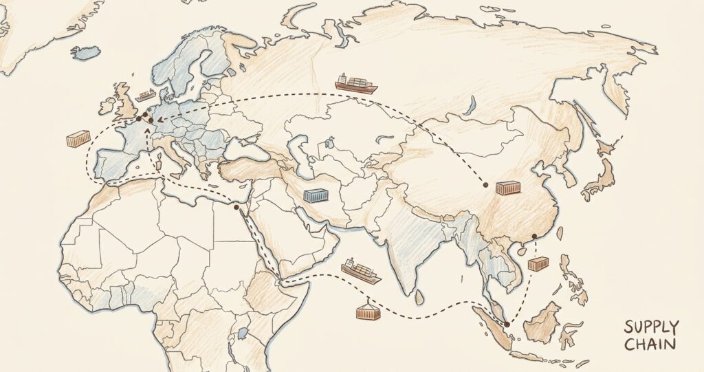 Middle East sourcing routes to Europe map illustration
